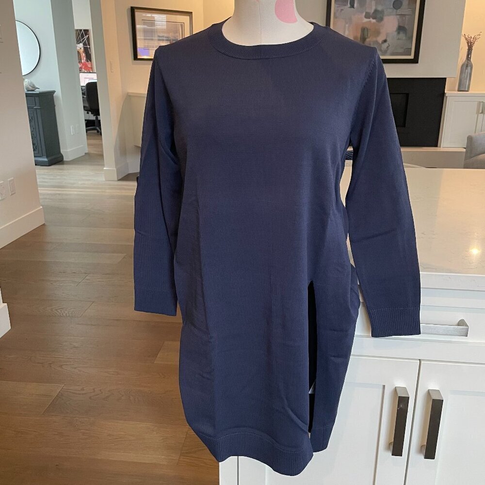 Sans & Sans from Singapore 3/4 Slv Crew Neck Knit Tunic Front Slit Blue Sz S/M